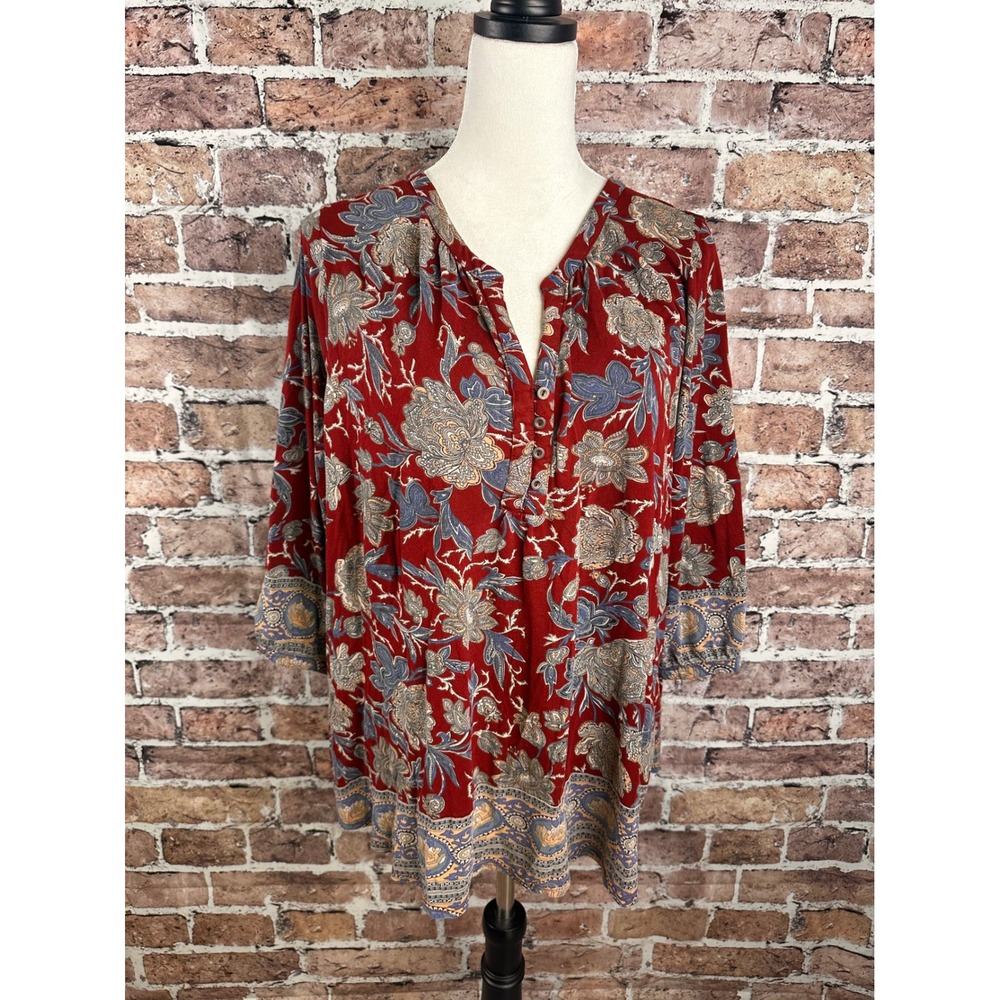 Lucky Brand Red Floral Boho Henley Tunic Blouse Plus Size 2X 3/4 Sleeve Border - Picture 2 of 14